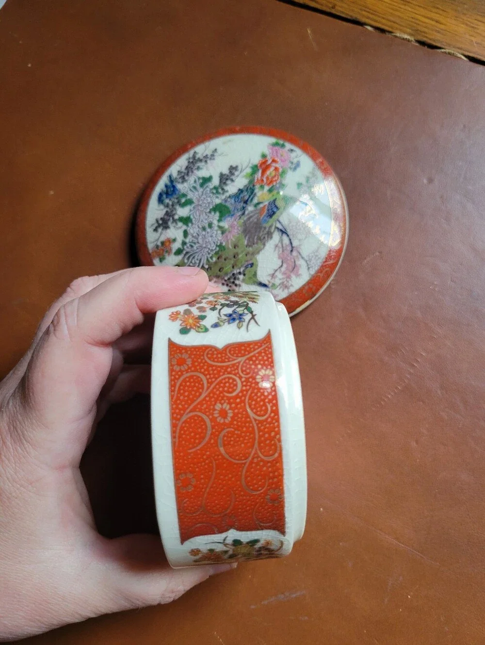 Vintage Japanese Satsuma Trinket Box Peacock Red Gold 3 3/4 in. diameter
